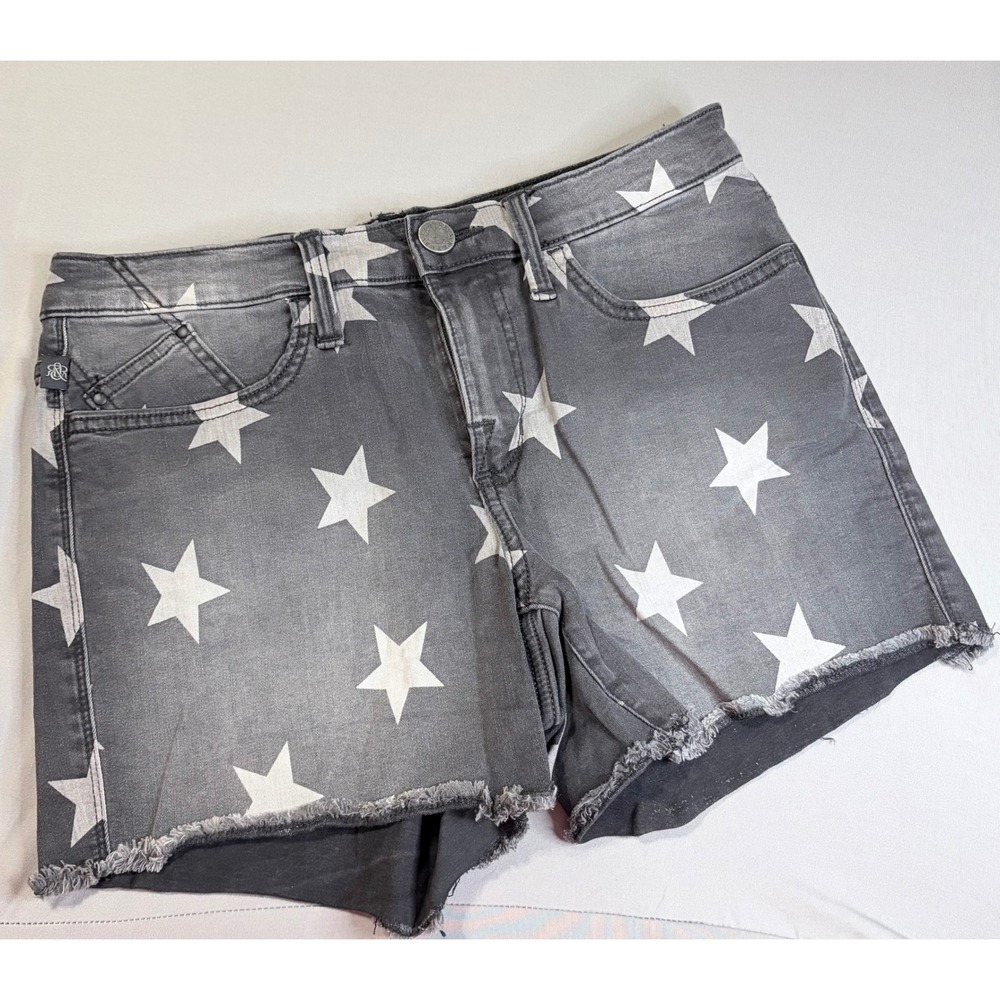 Womens Star Print Denim Shorts Frayed Hem Faded Black High Waisted Festival 28